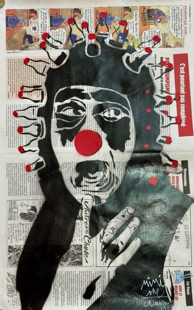 Mimi The Clown - Mimi Zeneca - 2021 - Pochoir originale sur papier journal - signé 2