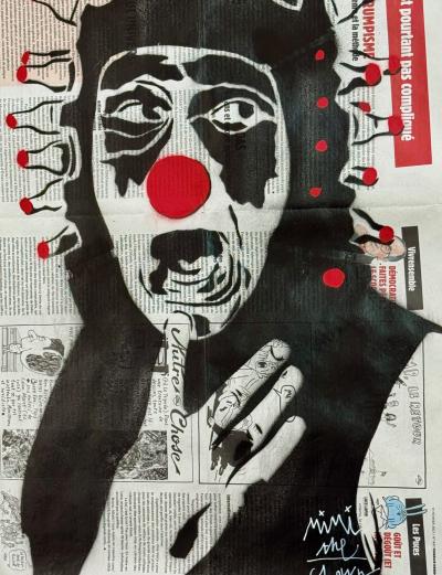 Mimi The Clown - Mimi Zeneca - 2021 - Pochoir originale sur papier journal - signé 2