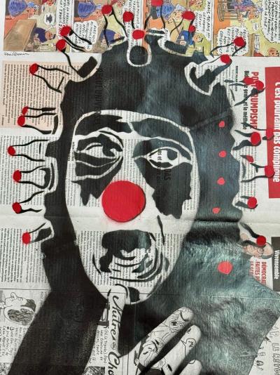 Mimi The Clown - Mimi Zeneca - 2021 - Pochoir originale sur papier journal - signé 2