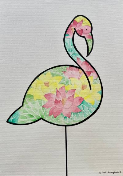 Ami Imaginaire - Flamingo  - 2023 - Technique mixte sur papier - Signée 2
