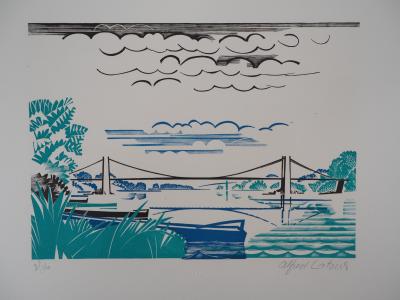 Alfred LATOUR : Bretagne, le Pont de Saint Guénolé, Gravure sur bois originale signée 2