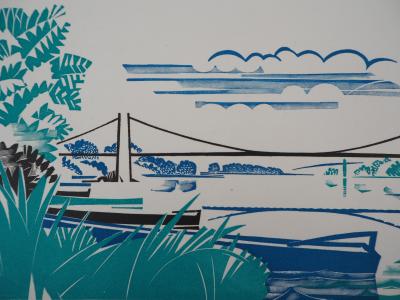 Alfred LATOUR : Bretagne, le Pont de Saint Guénolé, Gravure sur bois originale signée 2