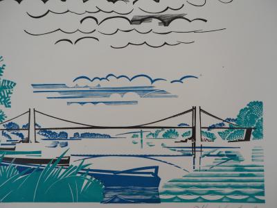 Alfred LATOUR : Bretagne, le Pont de Saint Guénolé, Gravure sur bois originale signée 2