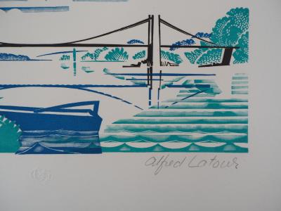 Alfred LATOUR : Bretagne, le Pont de Saint Guénolé, Gravure sur bois originale signée 2