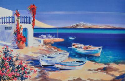 André SAVY : Les trois barques à Santorin, LITHOGRAPHIE originale signée 2