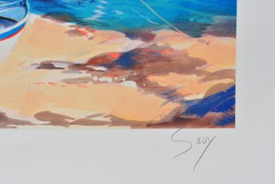 André SAVY : Les trois barques à Santorin, LITHOGRAPHIE originale signée 2