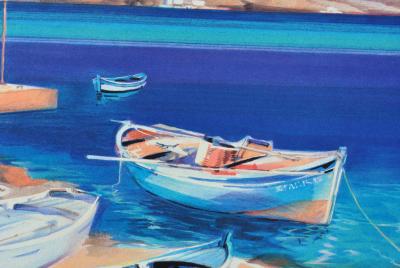 André SAVY : Les trois barques à Santorin, LITHOGRAPHIE originale signée 2