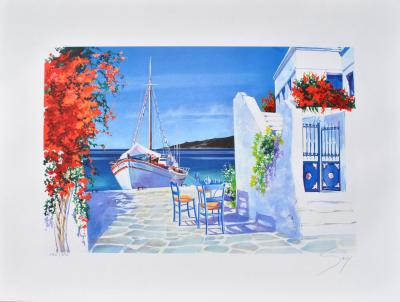 André SAVY : Bâteau de pêche à Santorin, LITHOGRAPHIE originale signée 2