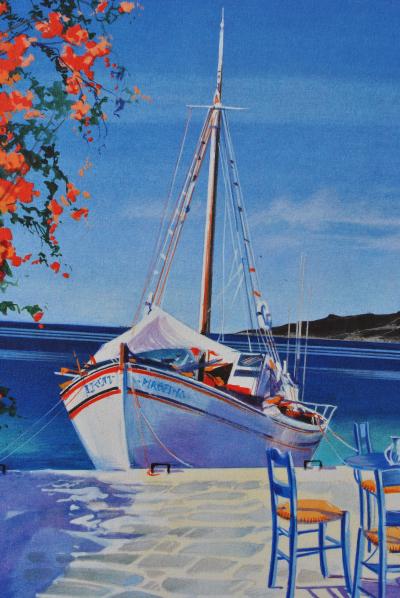 André SAVY : Bâteau de pêche à Santorin, LITHOGRAPHIE originale signée 2
