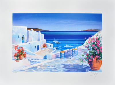 André SAVY: Flowery terrace in Santorini, original signed LITHOGRAPH 2