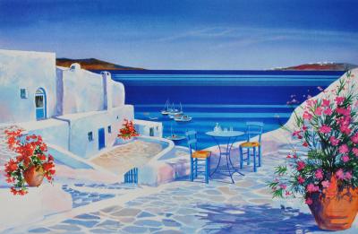 André SAVY: Flowery terrace in Santorini, original signed LITHOGRAPH 2