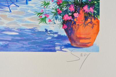 André SAVY: Flowery terrace in Santorini, original signed LITHOGRAPH 2