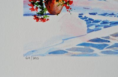 André SAVY: Flowery terrace in Santorini, original signed LITHOGRAPH 2