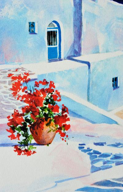 André SAVY: Flowery terrace in Santorini, original signed LITHOGRAPH 2