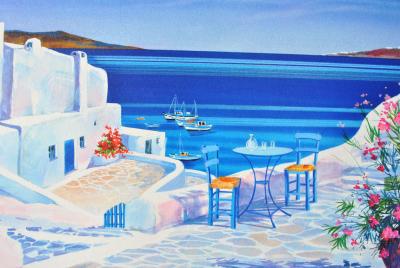 André SAVY: Flowery terrace in Santorini, original signed LITHOGRAPH 2