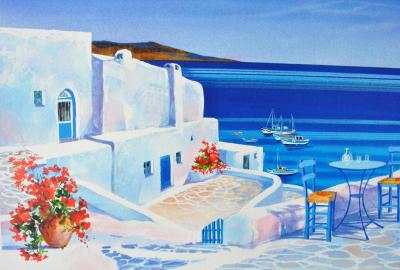 André SAVY: Flowery terrace in Santorini, original signed LITHOGRAPH 2