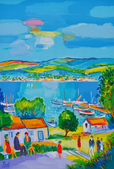 Jean-Claude PICOT : Petit port Marseillais, LITHOGRAPHIE originale signée 2