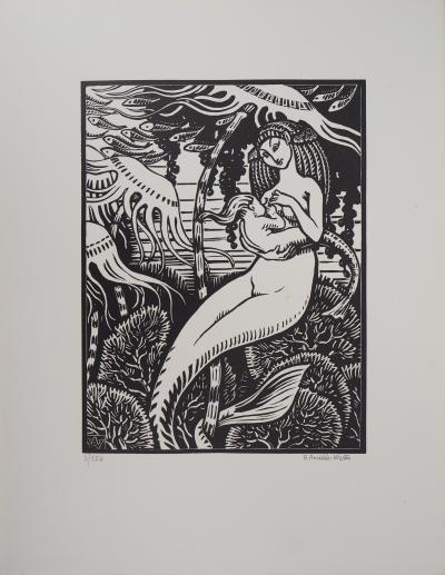 Henri AMEDEE-WETTER : Maternité à la sirène, Gravure sur bois originale signée 2