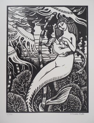 Henri AMEDEE-WETTER : Maternité à la sirène, Gravure sur bois originale signée 2