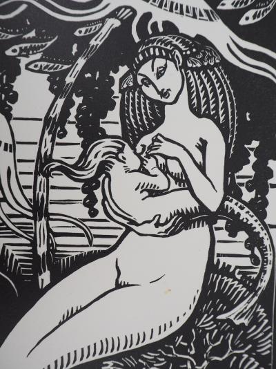 Henri AMEDEE-WETTER : Maternité à la sirène, Gravure sur bois originale signée 2