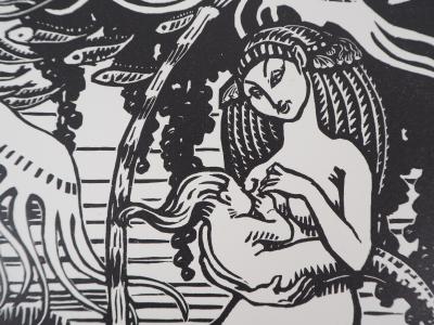 Henri AMEDEE-WETTER : Maternité à la sirène, Gravure sur bois originale signée 2