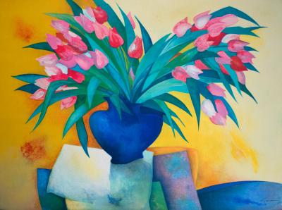 Claude GAVEAU- Bouquet vase bleu, 2004 lithographie 2