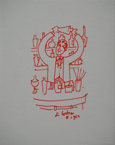 Jean COCTEAU : Cocktails, barman au shaker, Lithographie originale signée