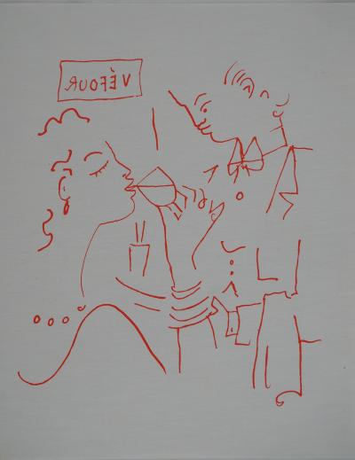 Jean COCTEAU : Le Sommelier et l’amatrice de vin, Lithographie originale signée 2
