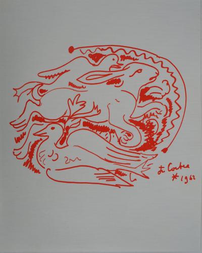 Jean COCTEAU : Plat de gibier, Lièvre et Canard,, Lithographie originale signée 2