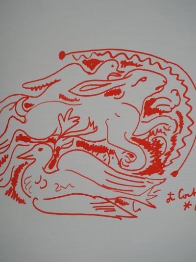 Jean COCTEAU : Plat de gibier, Lièvre et Canard,, Lithographie originale signée 2