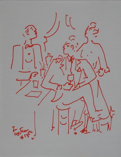 Jean COCTEAU : Entre amis au comptoir du bar, Lithographie originale signée