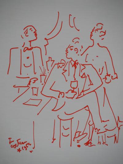 Jean COCTEAU : Entre amis au comptoir du bar, Lithographie originale signée 2