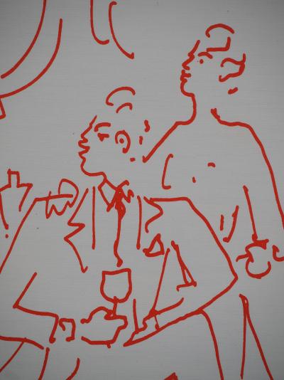 Jean COCTEAU : Entre amis au comptoir du bar, Lithographie originale signée 2