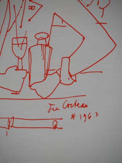 Jean COCTEAU : Entre amis au comptoir du bar, Lithographie originale signée 2