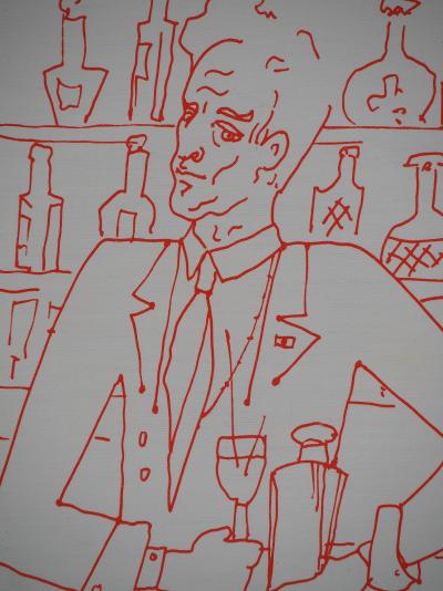 Jean COCTEAU : Entre amis au comptoir du bar, Lithographie originale signée 2