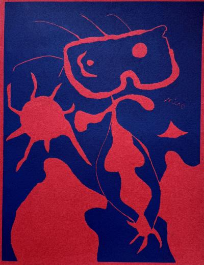 Joan MIRO - Homme au soleil rouge - Linogravure originale signée