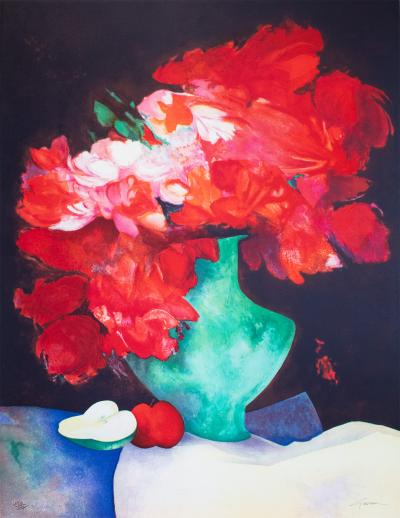 Claude GAVEAU Bouquet au vase Rouge, lithographie originale 2