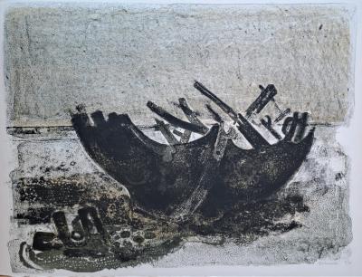 André Minaux - Barque échouée - Lithographie originale signée et numérotée 2