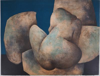 Claude GAVEAU : Nu de dos (bleu) - Lithographie originale signée