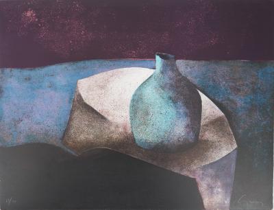 Claude GAVEAU: Still life with blue vase - Original signed lithograph 2