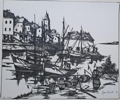 Jean Amiot - Bateaux au port, 1974 - Lithographie originale signée au crayon 2