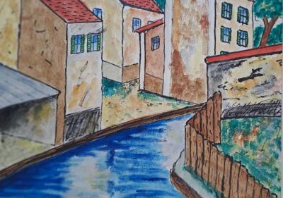Elisée Maclet - Houses by the canal - Pen, ink and gouache signed 2