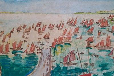 Elisée Maclet - Cancale, le départ de la caravane - Plume encre et gouache signée 2