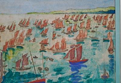 Elisée Maclet - Cancale, le départ de la caravane - Plume encre et gouache signée 2