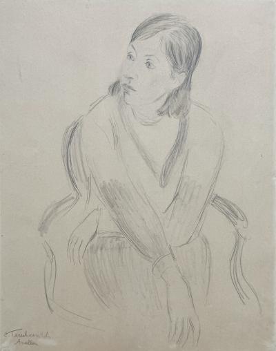 Constantin Tereshkovitch - portait of young woman - Original signed pencil drawing 2