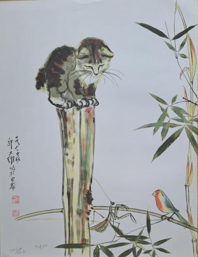 Da-Wei Kwo - Chat perché - Lithographie originale signée et numérotée