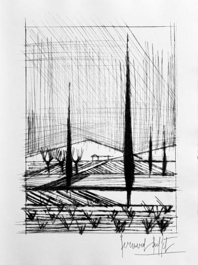 Bernard BUFFET - Les cyprès, 1959 - Pointe-sèche originale signée au crayon
