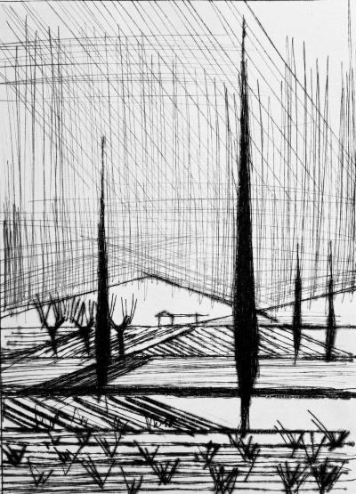Bernard BUFFET - Les cyprès, 1959 - Pointe-sèche originale signée au crayon 2