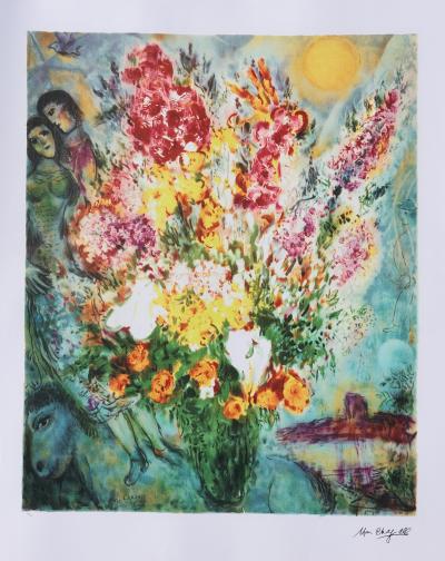 Marc CHAGALL : Bouquet d’été aux amoureux, Lithographie signée, 1989, 500ex