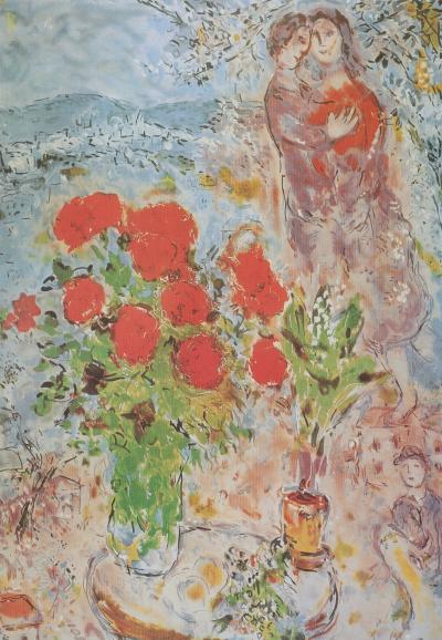 Marc CHAGALL : Le bouquet rouge, Lithographie signée, 1989, 500ex 2